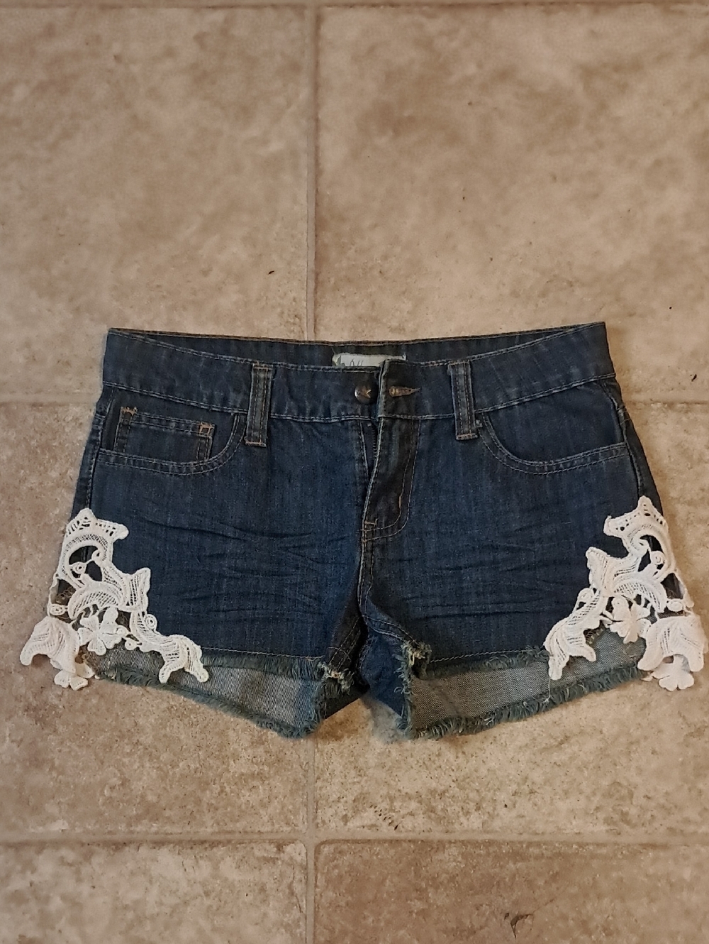 Denim Boho  Cottagecore Lace Trimmed Cutoff Shorty Shorts Blue Jean Crocheted